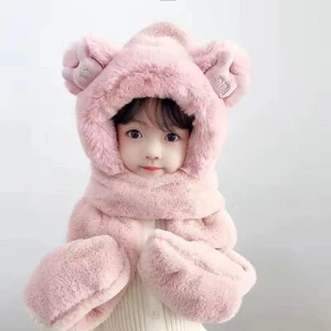 Mũ lông cho bé kèm khăn quàng cổ có găng tay mũ len 3in1 mùa đông ấm áp cao cấp trẻ em từ 4-12 tuổi tai thỏ nổi