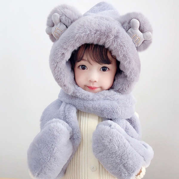 Mũ lông cho bé kèm khăn quàng cổ có găng tay mũ len 3in1 mùa đông ấm áp cao cấp trẻ em từ 4-12 tuổi tai thỏ nổi