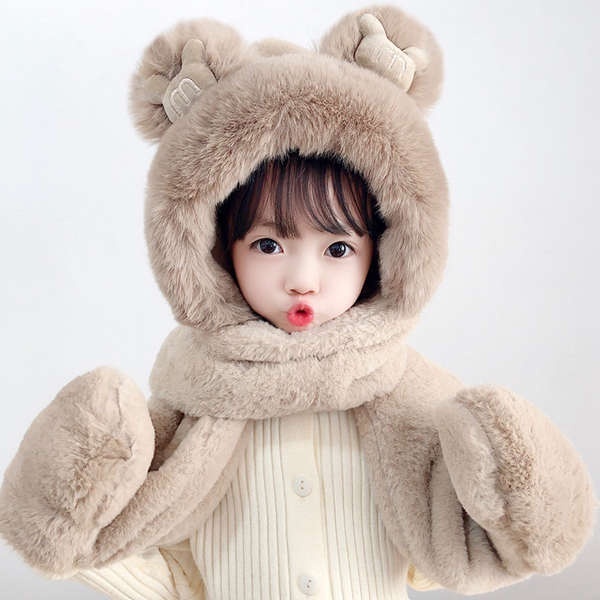 Mũ lông cho bé kèm khăn quàng cổ có găng tay mũ len 3in1 mùa đông ấm áp cao cấp trẻ em từ 4-12 tuổi tai thỏ nổi