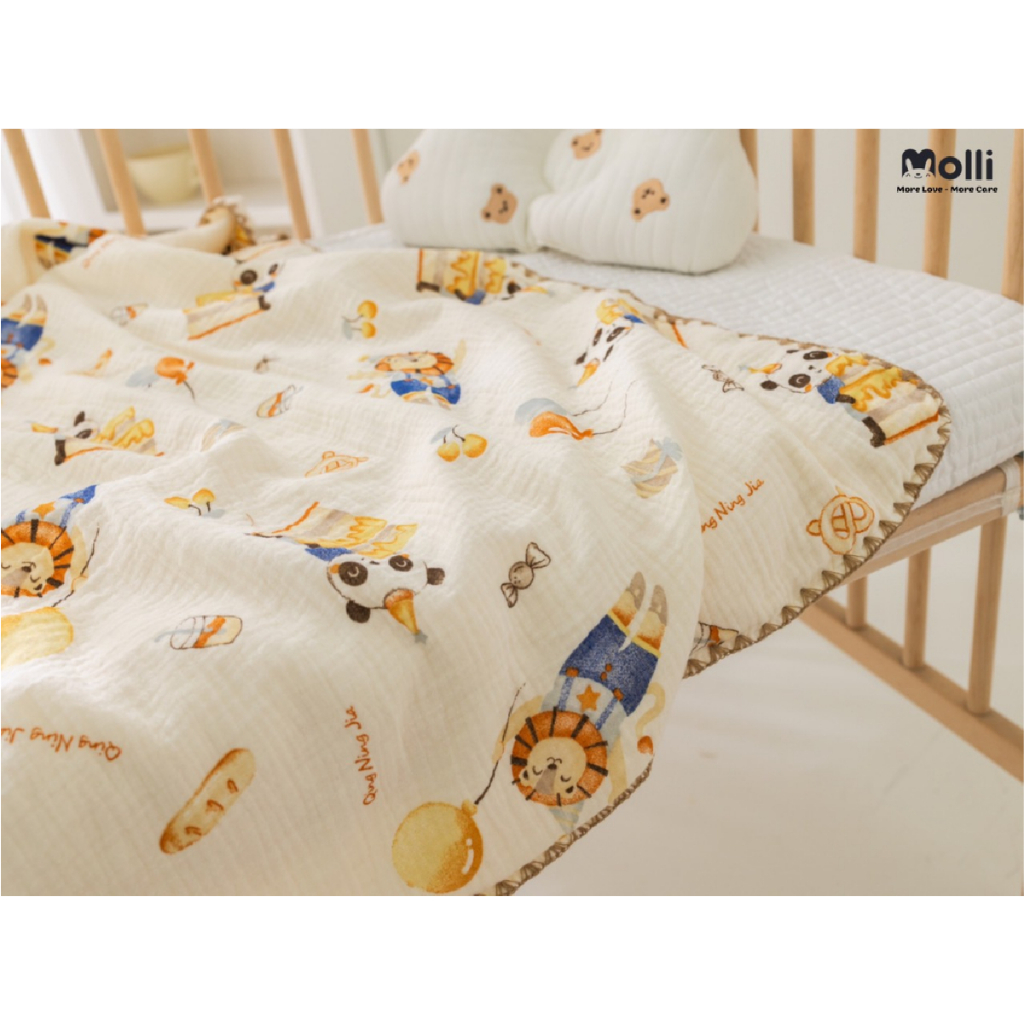 Chăn Xô Muslin Hạt Đậu Molli phong cách Hàn Quốc Cho Bé  In Họa Tiết 3D - 100x110cm Đậu Đạu Store
