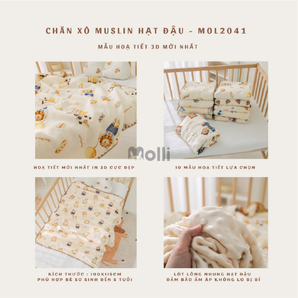Chăn Xô Muslin Hạt Đậu Molli phong cách Hàn Quốc Cho Bé  In Họa Tiết 3D - 100x110cm Đậu Đạu Store
