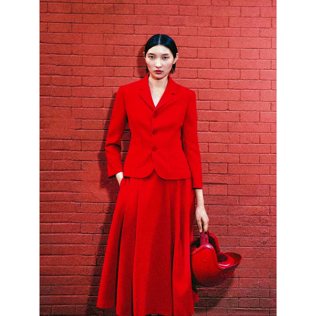 Bộ - Áo blazer nữ & Váy dài xếp ly màu đỏ form ôm nhẹ, ve cổ nhỏ [MAY THEO SỐ ĐO] - chất liệu cao cấp, 2 lớp, lót lụa