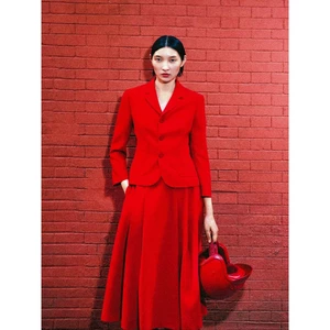 Bộ - Áo blazer nữ & Váy dài xếp ly màu đỏ form ôm nhẹ, ve cổ nhỏ [MAY THEO SỐ ĐO] - chất liệu cao cấp, 2 lớp, lót lụa