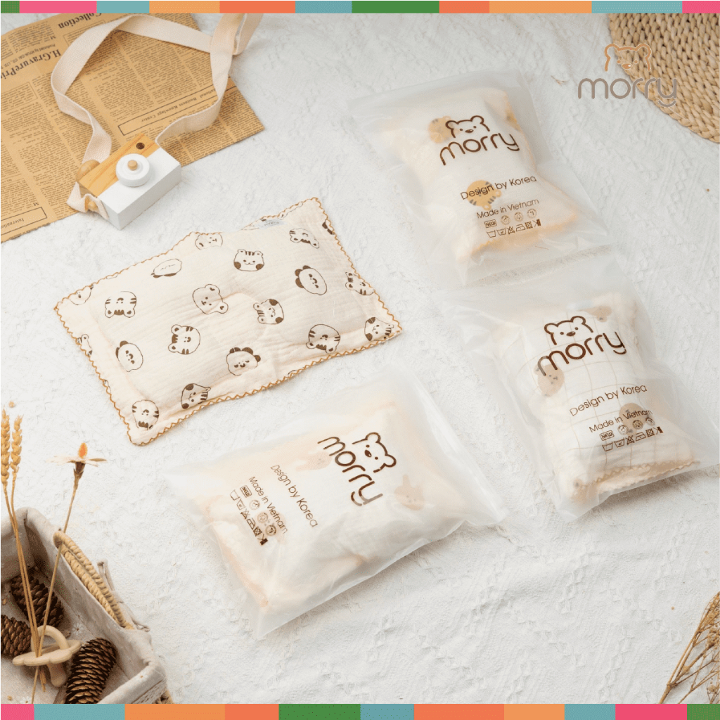Gối Xô Lõm Sơ Sinh Morry Chống Lõm Đầu Có Túi Zip - Chất Vải Xô Muslin Mềm Mại, Thấm Hút Mồ Hôi Cho Bé Đậu Đậu Store