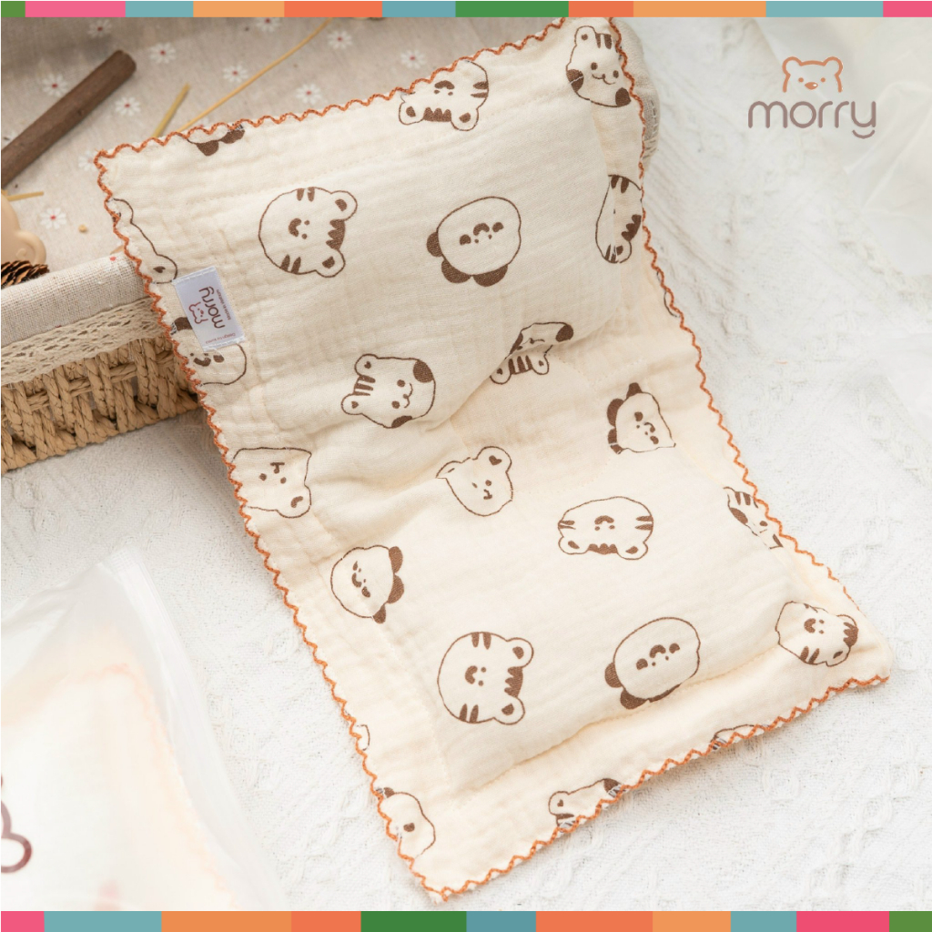 Gối Xô Lõm Sơ Sinh Morry Chống Lõm Đầu Có Túi Zip - Chất Vải Xô Muslin Mềm Mại, Thấm Hút Mồ Hôi Cho Bé Đậu Đậu Store