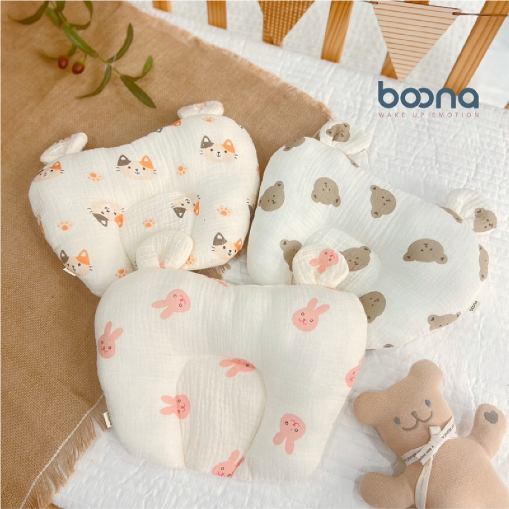 Gối xô sơ sinh cho bé Boona hình tim tai gấu vải Muslin cao cấp chống méo đầu, êm ái, thoải mái cho bé nằm Đậu Đậu Store