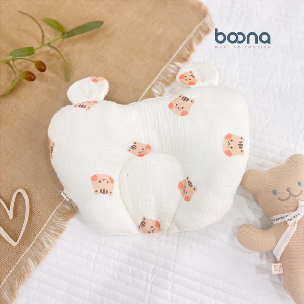 Gối xô sơ sinh cho bé Boona hình tim tai gấu vải Muslin cao cấp chống méo đầu, êm ái, thoải mái cho bé nằm Đậu Đậu Store