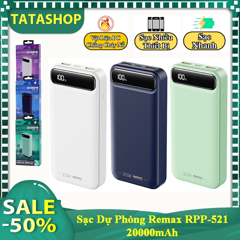 Sạc dự phòng 20.000mAh Remax RPP-521, màn hình LED cực nét, sạc cùng ...