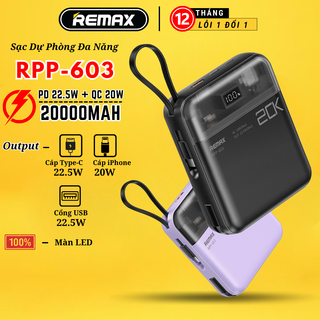 Pin sạc dự phòng kèm cáp 20000mAh 22.5W Remax RPP-603 Tích hợp 2 cáp ...