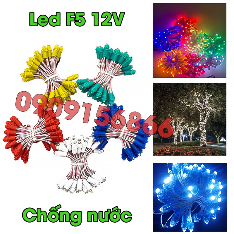 Led đúc F5 đế 8 (50 bóng/ 1 bó) Điện 5V / Điện 12V / Chống nước hiệu ...