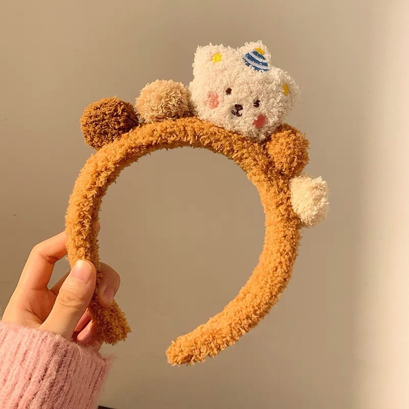 Băng Đô Cài Tóc Rửa Mặt Bằng Vải Bông Lông Xù Min Min Họa Tiết Gấu Hoạt Hình Dễ Thương Nhiều Màu Sắc