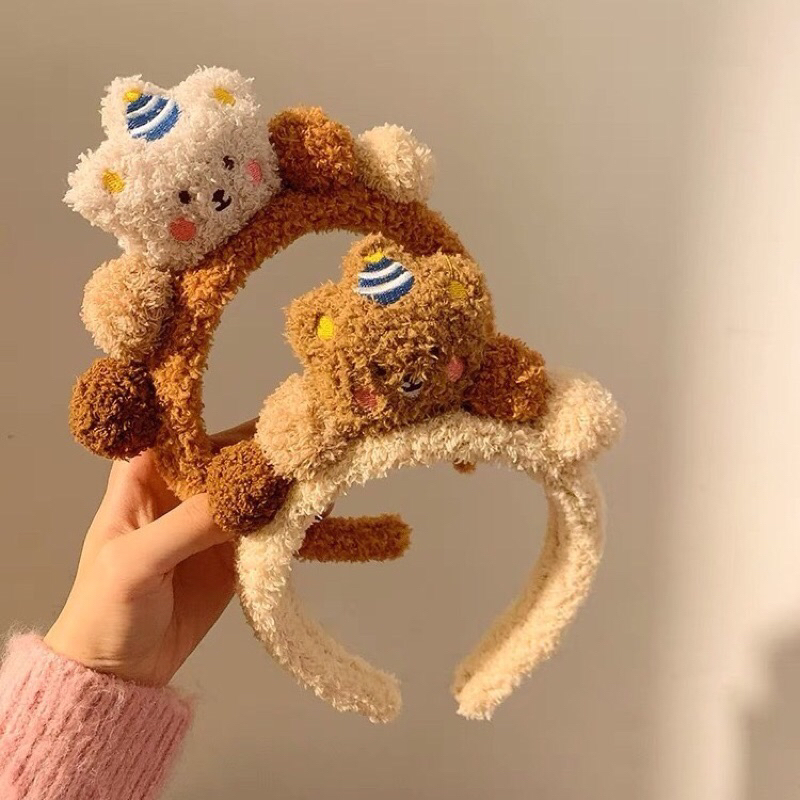 Băng Đô Cài Tóc Rửa Mặt Bằng Vải Bông Lông Xù Min Min Họa Tiết Gấu Hoạt Hình Dễ Thương Nhiều Màu Sắc