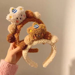 Băng Đô Cài Tóc Rửa Mặt Bằng Vải Bông Lông Xù Min Min Họa Tiết Gấu Hoạt Hình Dễ Thương Nhiều Màu Sắc