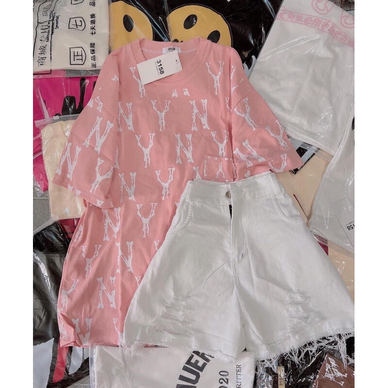 [ Rẻ vô địch] Set bộ áo thun mix quần jean rách - N.y | Shopee Việt Nam