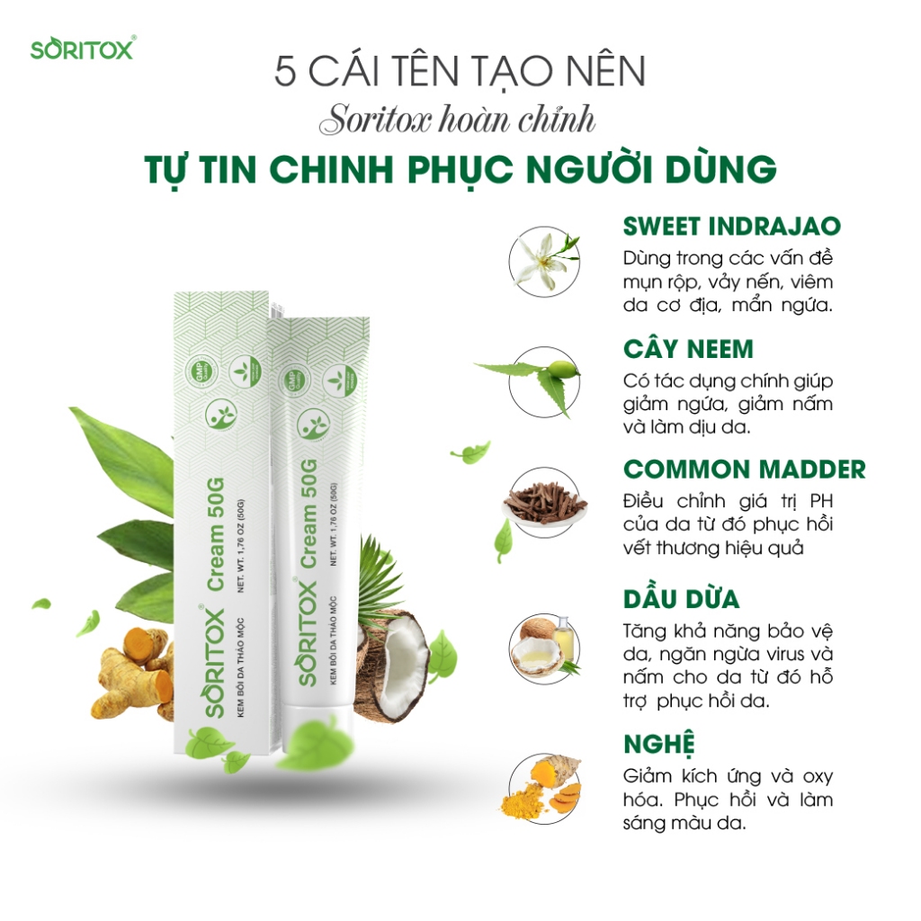 Kem bôi Nấm ngứa, Hắc lào, Lang ben, Á sừng, Vảy nến, Viêm da cơ địa, Chàm da, Hăm da từ thảo mộc - SORITOX CREAM 50GR