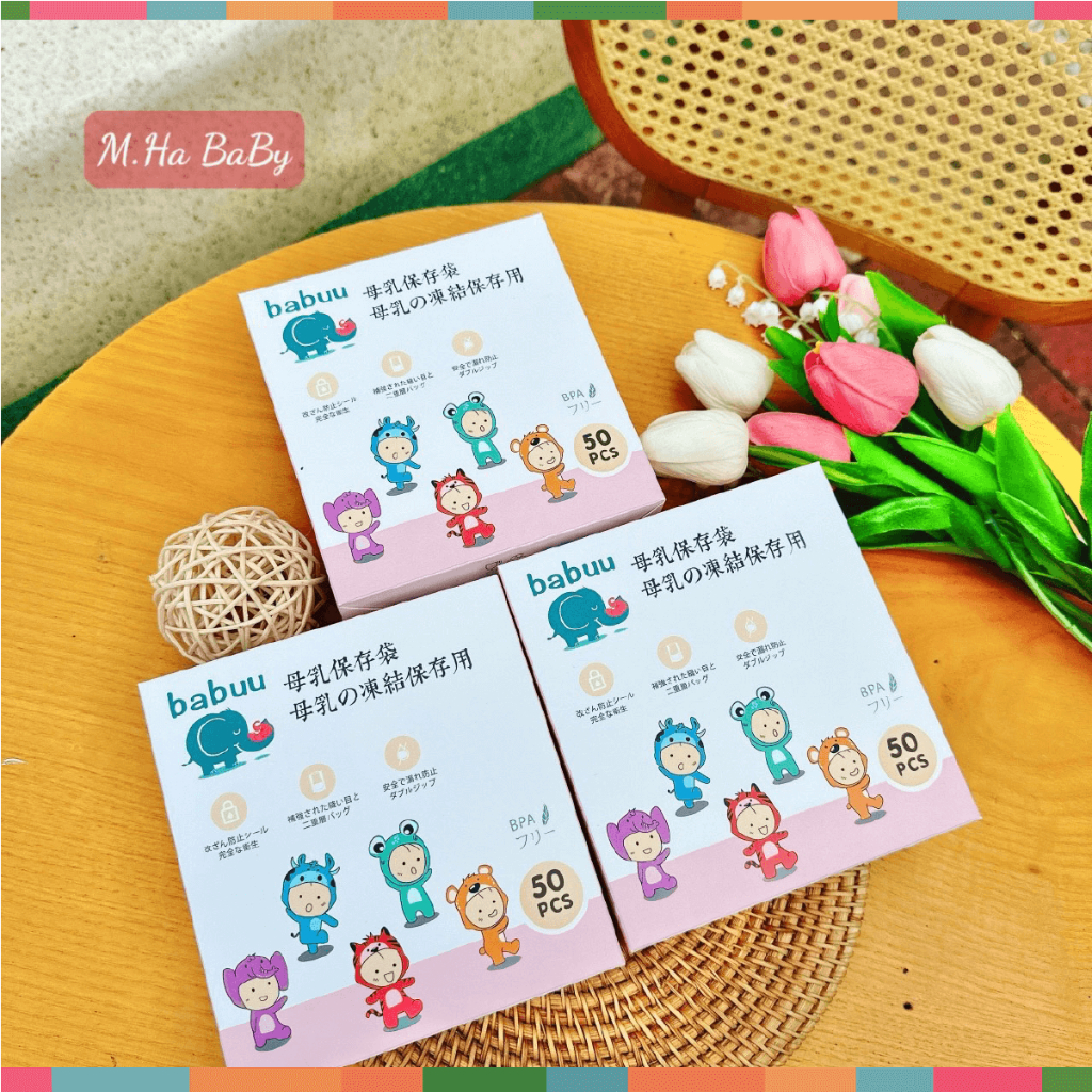 Hộp 50 Túi Trữ Sữa Babuu 250ml (New)  in hình Ngộ Nghĩnh Đựng Sữa Bột - Hộp Trữ Sữa In Họa Tiết Ngộ Nghĩnh Đậu Đậu Store