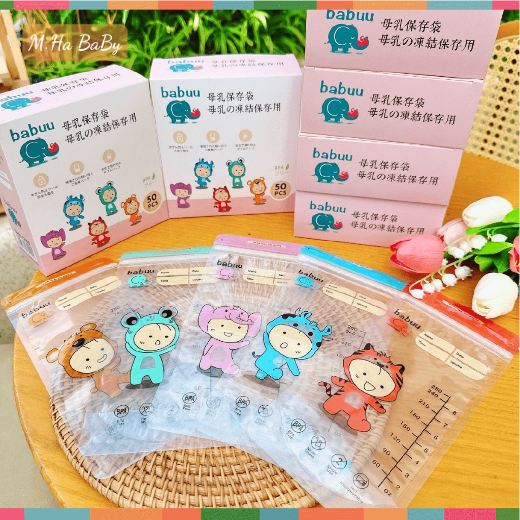 Hộp 50 Túi Trữ Sữa Babuu 250ml (New)  in hình Ngộ Nghĩnh Đựng Sữa Bột - Hộp Trữ Sữa In Họa Tiết Ngộ Nghĩnh Đậu Đậu Store