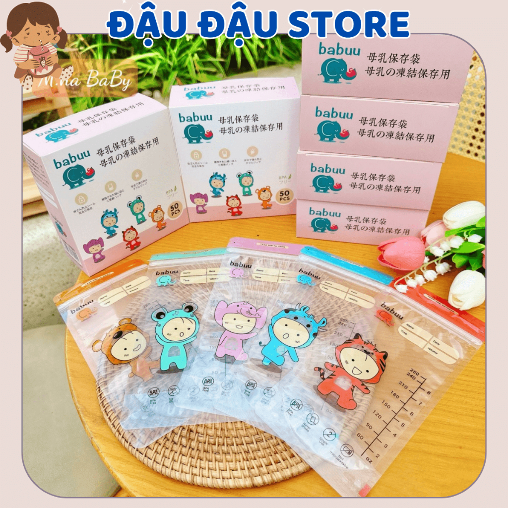 Hộp 50 Túi Trữ Sữa Babuu 250ml (New)  in hình Ngộ Nghĩnh Đựng Sữa Bột - Hộp Trữ Sữa In Họa Tiết Ngộ Nghĩnh Đậu Đậu Store