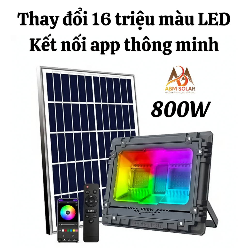 [800W] Đèn Pha Năng Lượng Mặt Trời Thay Đổi 16 Triệu Màu LED RGB, Kết Nối APP Điều Khiển Bằng Bluetooth, Chống Nước IP68