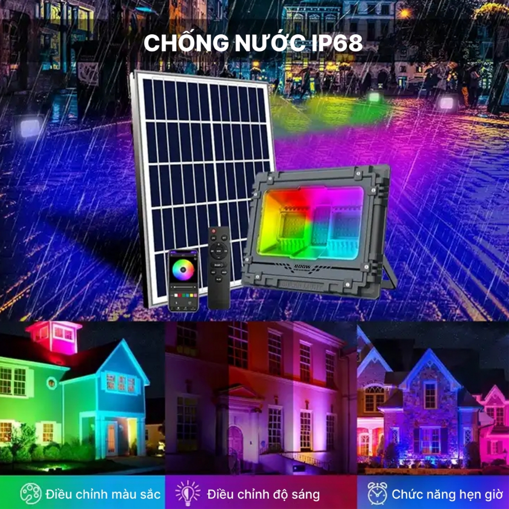 [800W] Đèn Pha Năng Lượng Mặt Trời Thay Đổi 16 Triệu Màu LED RGB, Kết Nối APP Điều Khiển Bằng Bluetooth, Chống Nước IP68