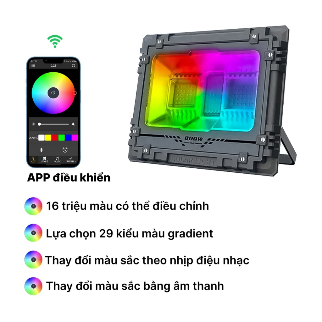 [800W] Đèn Pha Năng Lượng Mặt Trời Thay Đổi 16 Triệu Màu LED RGB, Kết Nối APP Điều Khiển Bằng Bluetooth, Chống Nước IP68