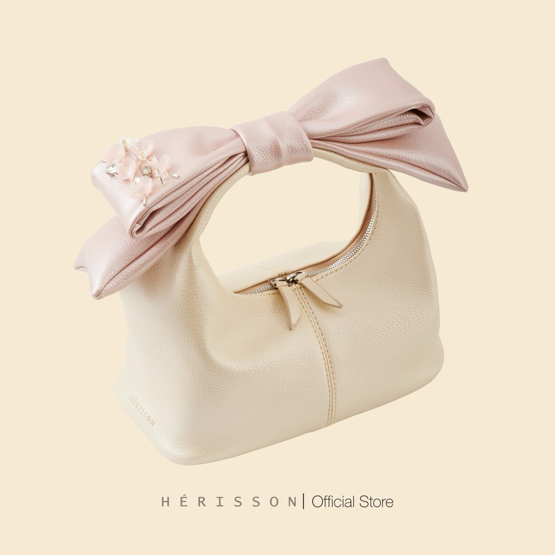 Túi nữ chow bag Hérisson màu kem nhũ , nơ hồng nhũ tháo rời | Shopee ...