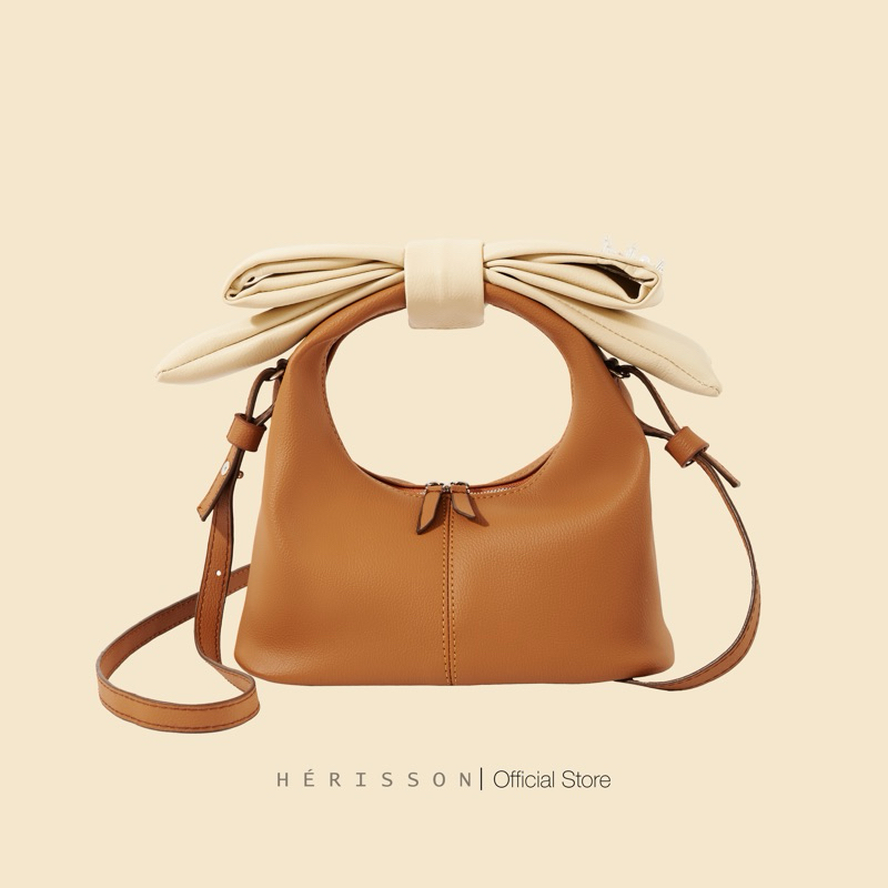 Túi chow bag nữ HÉRISSON màu nâu ,nơ kem kèm quai đeo chéo | Shopee ...