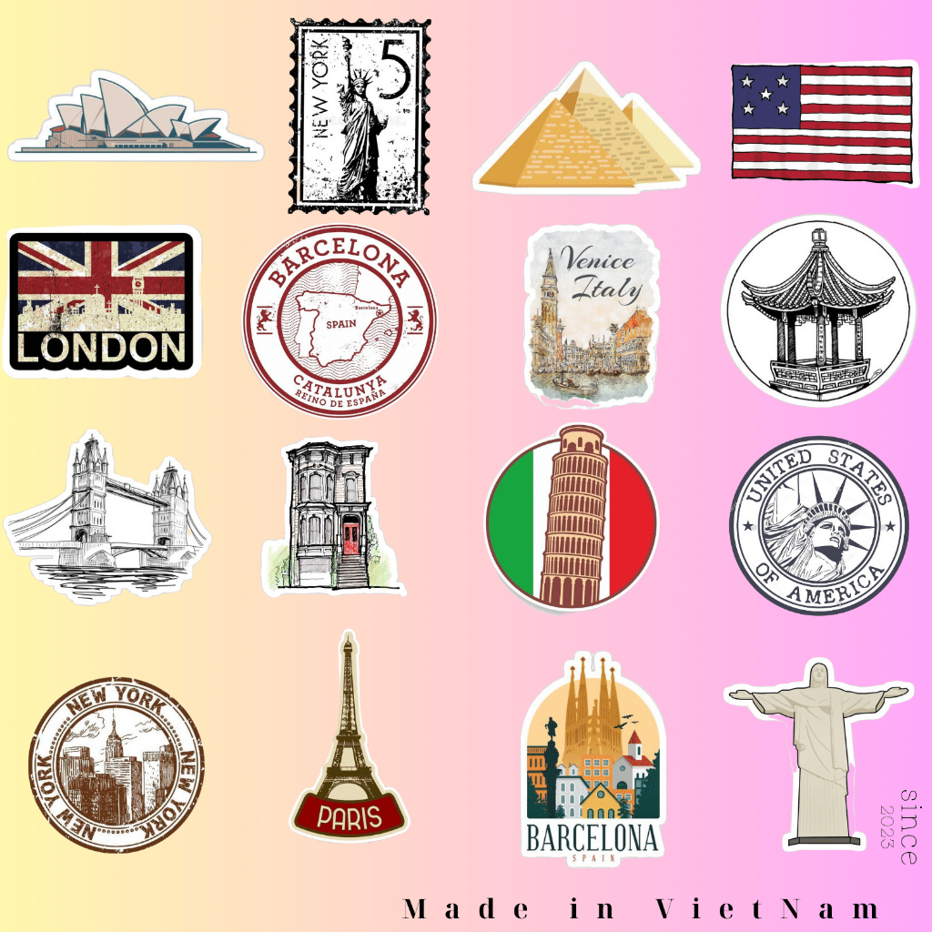 100 Chiếc Sticker Chống Nước KÌ QUAN THẾ GIỚI - TRAVEL DU LỊCH Dùng Dán Mũ Bảo Hiểm, Laptop, Vali, Xe Máy, Đàn Guitar