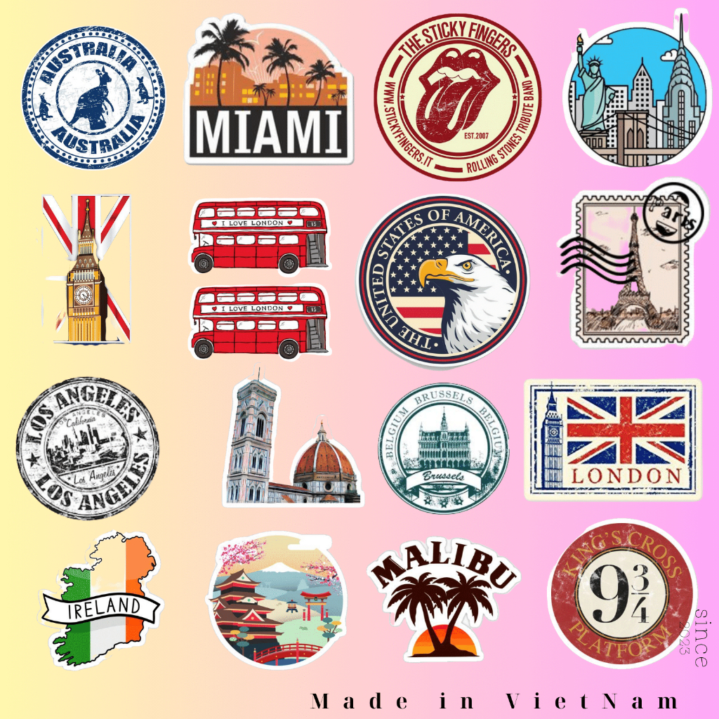 100 Chiếc Sticker Chống Nước KÌ QUAN THẾ GIỚI - TRAVEL DU LỊCH Dùng Dán Mũ Bảo Hiểm, Laptop, Vali, Xe Máy, Đàn Guitar