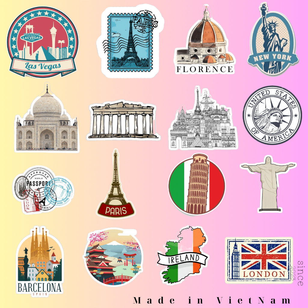 100 Chiếc Sticker Chống Nước KÌ QUAN THẾ GIỚI - TRAVEL DU LỊCH Dùng Dán Mũ Bảo Hiểm, Laptop, Vali, Xe Máy, Đàn Guitar