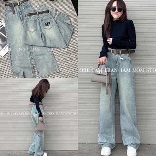 Quần Bò Jeans Nữ Ống Rộng Dáng Suông Cạp Cao Màu Xanh Thêu Hoạ Tiết Chữ BB Sau Túi Hách Dáng Cực Đỉnh