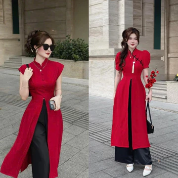 (SHOP NÀNG BÉO BIGSIZE 50KG ĐẾN 90KG) set áo dài tà tứ thân xẻ màu đỏ mặc đi chụp hình tết