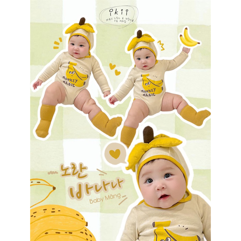 [MD59] Body suit/ áo liền thân dài tay kèm mũ hình chuối xinh cho bé yêu NGÔ KHOAI MỲ
