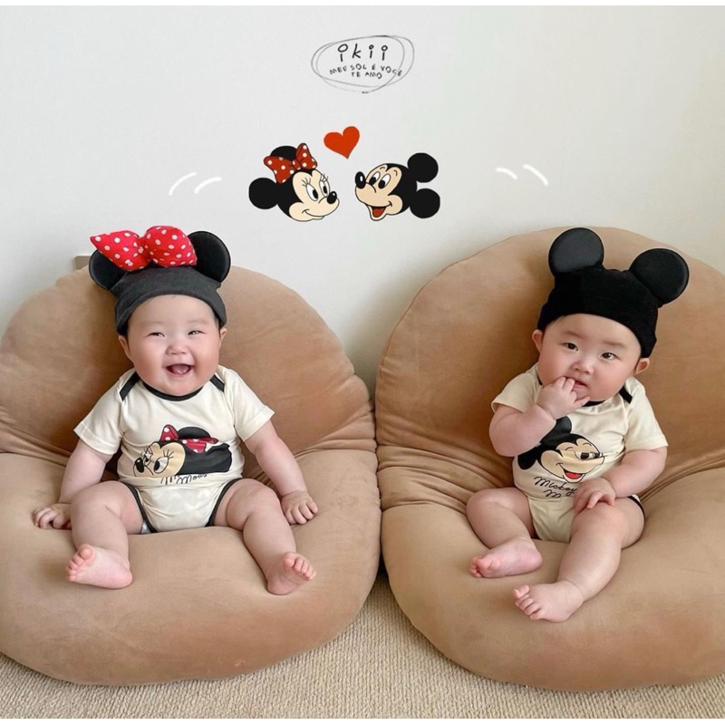 [MD72] MICKEY& MINNIE Áo liền thân/ bodysuit ngắn tay kèm mũ xinh cho bé trai và bé gái