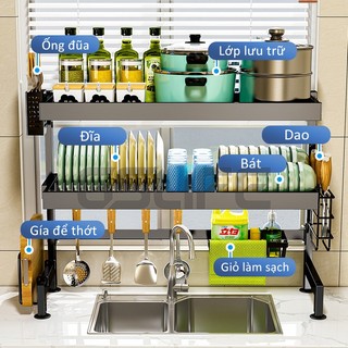 GSlife 55-120cm 1&2 Tầng Kệ Để Bát Đĩa Đa Năng Thông Minh-Giá Để Đồ Chén Trên Bồn Rửa Bát Thép Carbon Sơn Đen Cao Cấp