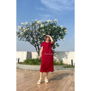 [JUNE LINEN] Đầm Linen tưng washed cho nữ kèm belt. Kết tay ngọc trai. #D04