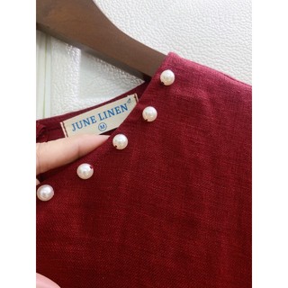 [JUNE LINEN] Đầm Linen tưng washed cho nữ kèm belt. Kết tay ngọc trai. #D04