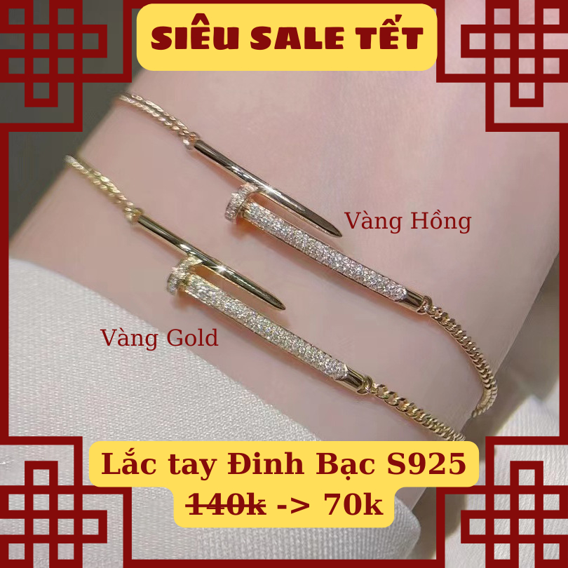 [Ảnh & Clip thật] Lắc tay đinh, Bạc S925 mạ kim, đính đá Vàng Gold và Vàng Hồng