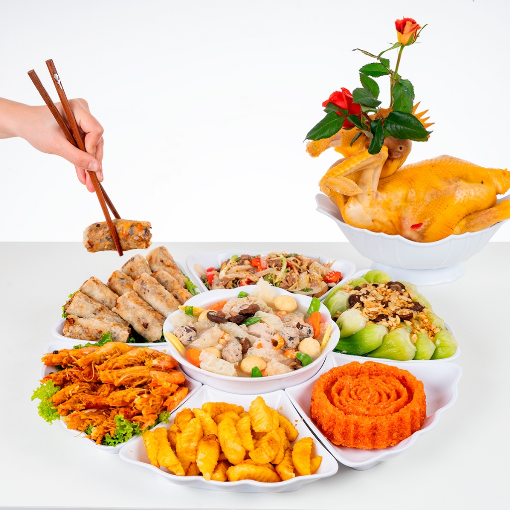 Bộ bát đĩa hoa mặt trời 6836, Bộ bát nhựa trang trí mâm cơm ngày Tết, Bộ bát đĩa ăn cơm Nhựa Việt Nhật 7 món