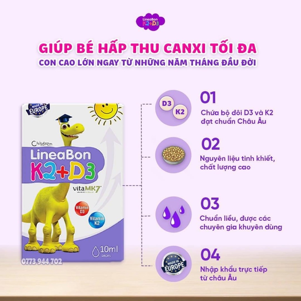 Combo Lineabon Vitamin D3k2mk7 - Canxi Bestical Tăng hấp thu Canxi cho trẻ - Trẻ cao lớn khỏe mạnh
