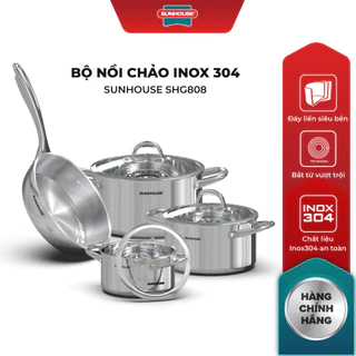 Bộ nồi chảo Inox 304 Sunhouse SHG808 - 3 nồi và 1 chảo - Dùng cho mọi loại bếp - Đa lớp - Dùng được cho máy rửa bát