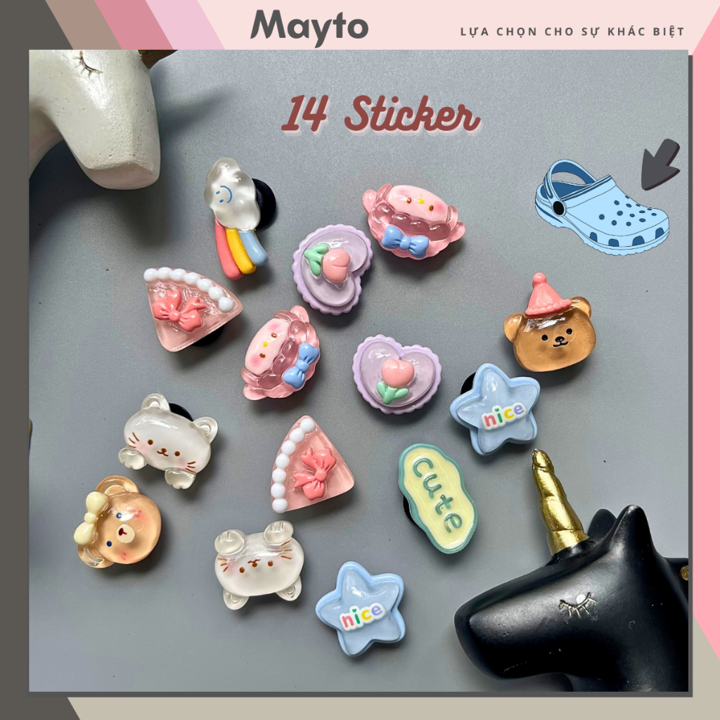 Bộ 14 Sticker, Charm 3D chủ đề bánh Pizza DIY Mayto gắn Dép, Dép Sục ...
