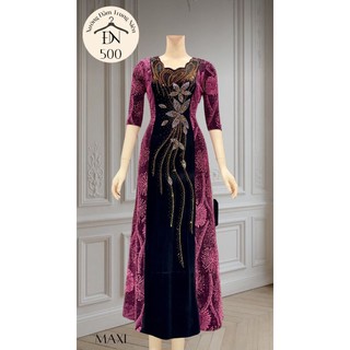 Đầm dạ hội trung niên chất nhũ kim sa phối nhung co giãn tốt, đính đá cao cấp cho mẹ dự tiệc sang trọng bigsize M500