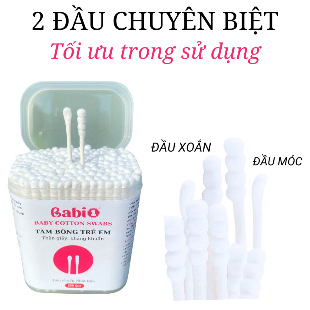 Tăm Bông Thân Giấy Babi1 Kháng Khuẩn Cho Bé & Gia Đình (Hộp 200 Que)