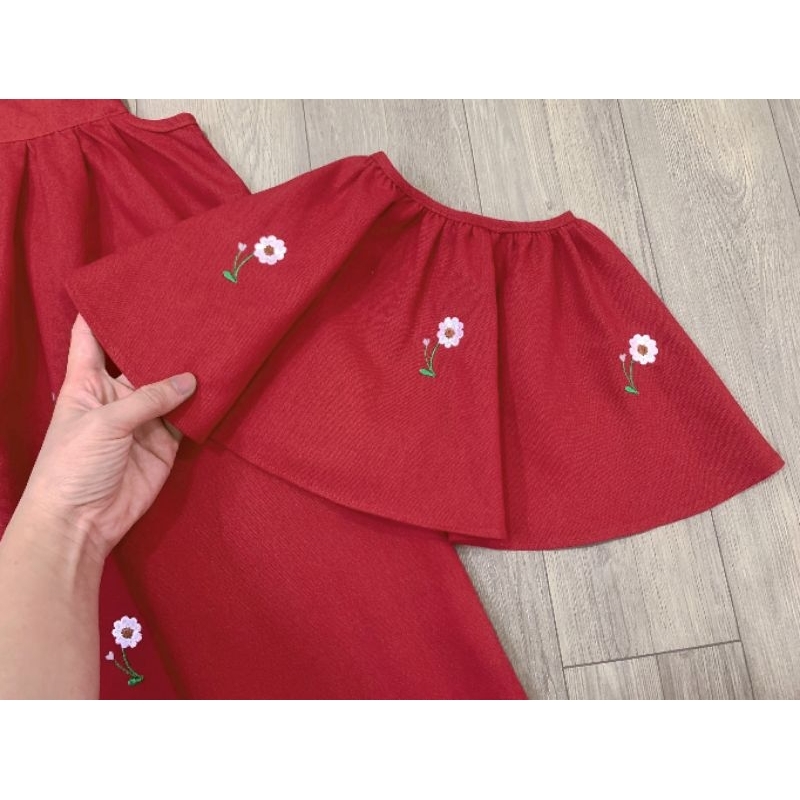 Váy Đầm DỰ TIỆC Cao Cấp Xuất HÀN Thêu Hoa Linen Mềm Mát Cánh Tiên Choàng Cổ Màu Đỏ Dáng A Xòe Cho Bé Gái