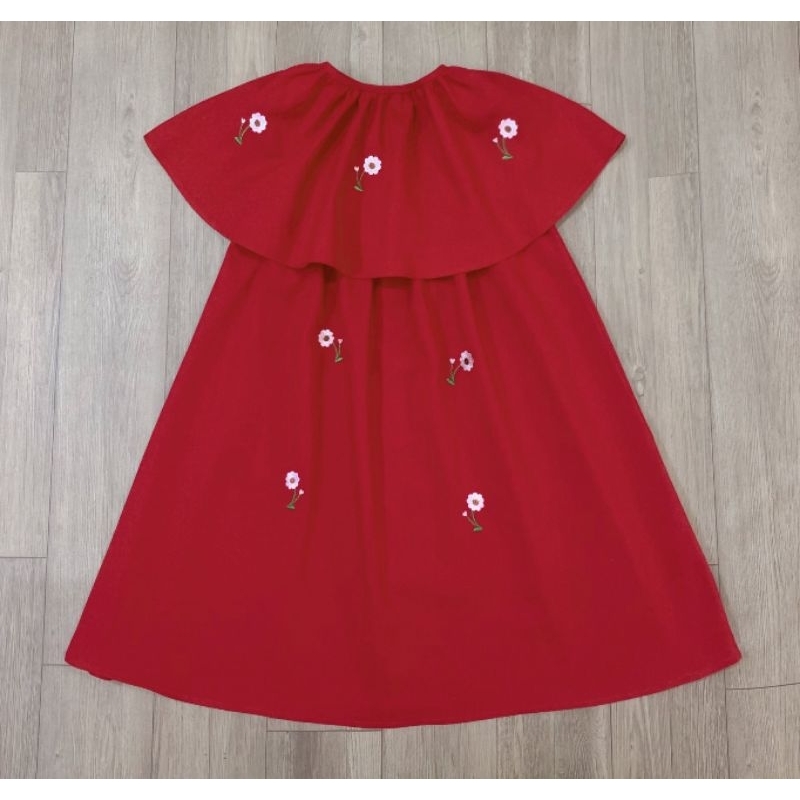 Váy Đầm DỰ TIỆC Cao Cấp Xuất HÀN Thêu Hoa Linen Mềm Mát Cánh Tiên Choàng Cổ Màu Đỏ Dáng A Xòe Cho Bé Gái