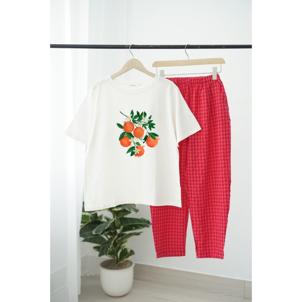 Sét Bộ mặc nhà Nữ in Hình dể thương,Đồ bộ mặc nhà Quần dài caro áo Cotton ngắn tay