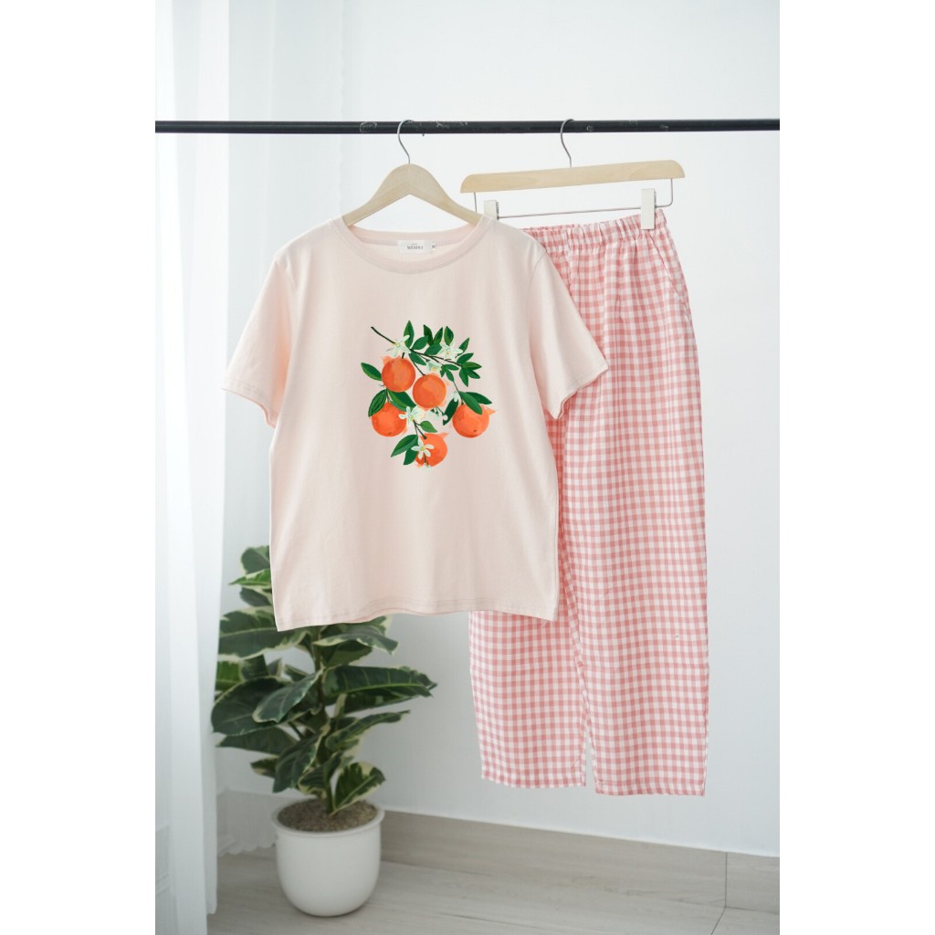 Sét Bộ mặc nhà Nữ in Hình dể thương,Đồ bộ mặc nhà Quần dài caro áo Cotton ngắn tay