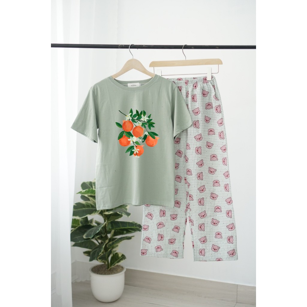 Sét Bộ mặc nhà Nữ in Hình dể thương,Đồ bộ mặc nhà Quần dài caro áo Cotton ngắn tay