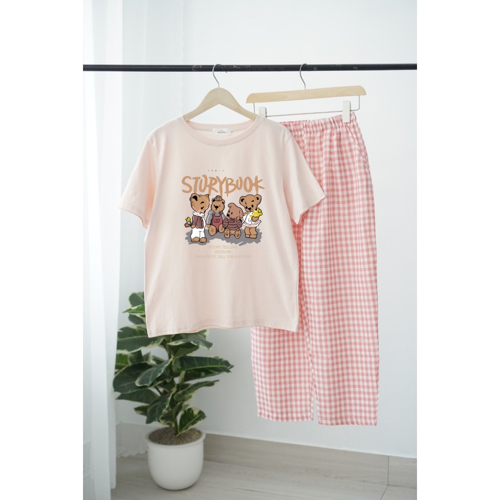 Sét Bộ mặc nhà Nữ in Hình dể thương,Đồ bộ mặc nhà Quần dài caro áo Cotton ngắn tay